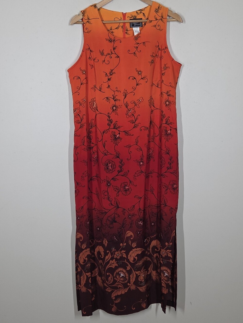 Vtg 90s Y2K Dark Floral Ombre Orange Red Sunset Maxi Dress Side Slits 14 Grunge